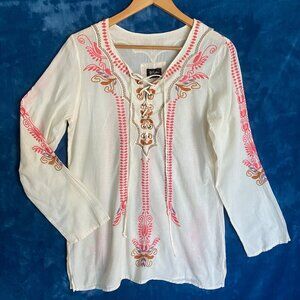 size M Johnny Was BIYA peasant/boho long sleeve tunic top blouse embroidered lac